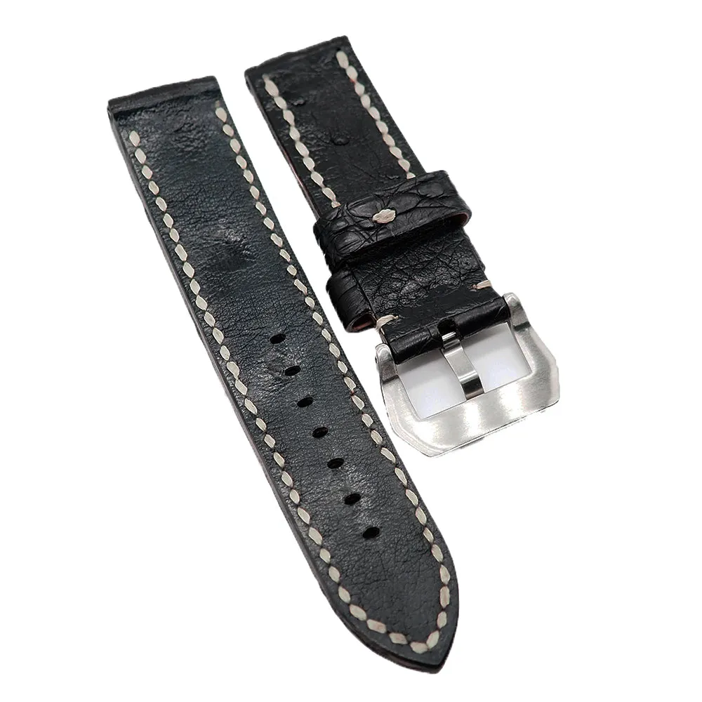 24mm Handmade Black Alligator Leather Horned Back Watch Strap