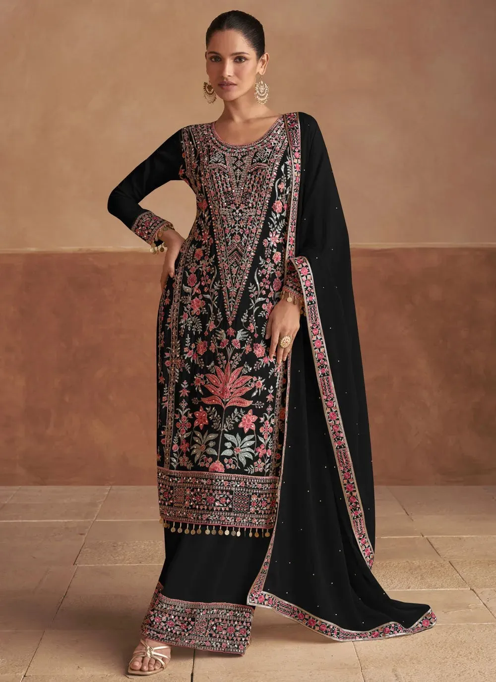 Attractive Chinon Black Embroidered Salwar Kameez