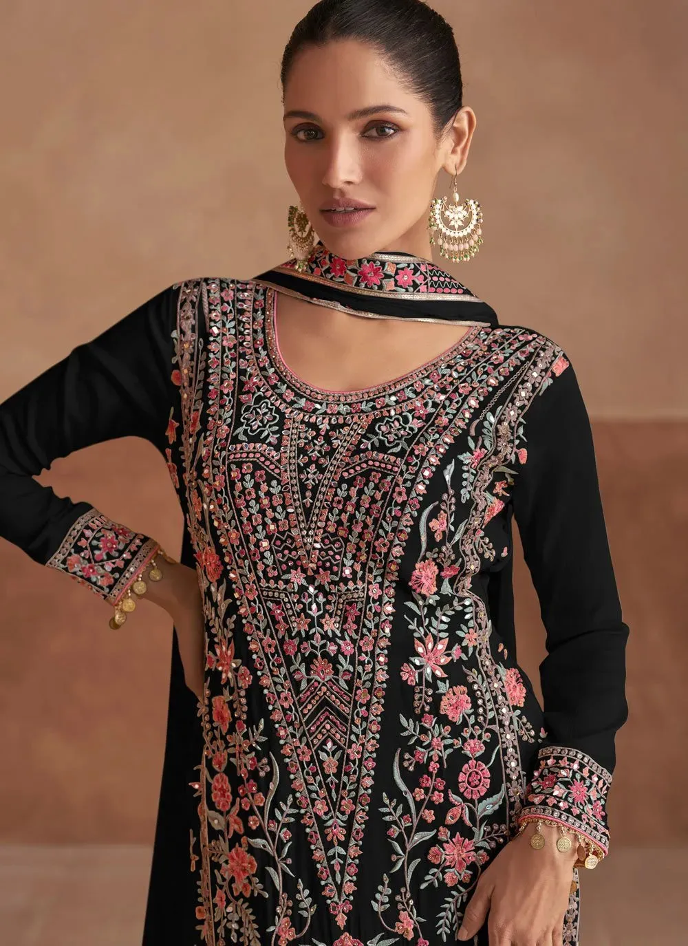 Attractive Chinon Black Embroidered Salwar Kameez