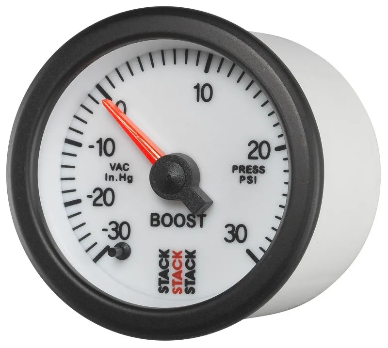 Autometer Stack 52mm -30INHG to  30 PSI (Incl T-Fitting) Pro Stepper Motor Boost Press Gauge - White