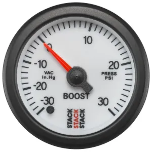 Autometer Stack 52mm -30INHG to  30 PSI (Incl T-Fitting) Pro Stepper Motor Boost Press Gauge - White