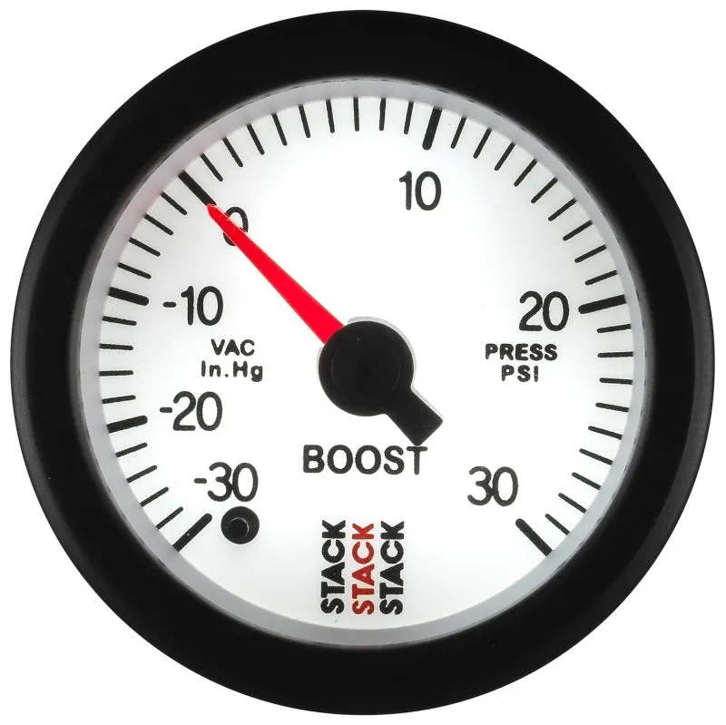 Autometer Stack 52mm -30INHG to  30 PSI (Incl T-Fitting) Pro Stepper Motor Boost Press Gauge - White