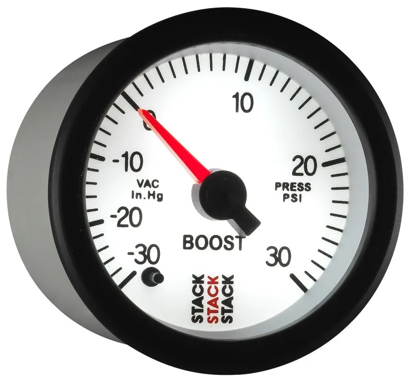 Autometer Stack 52mm -30INHG to  30 PSI (Incl T-Fitting) Pro Stepper Motor Boost Press Gauge - White