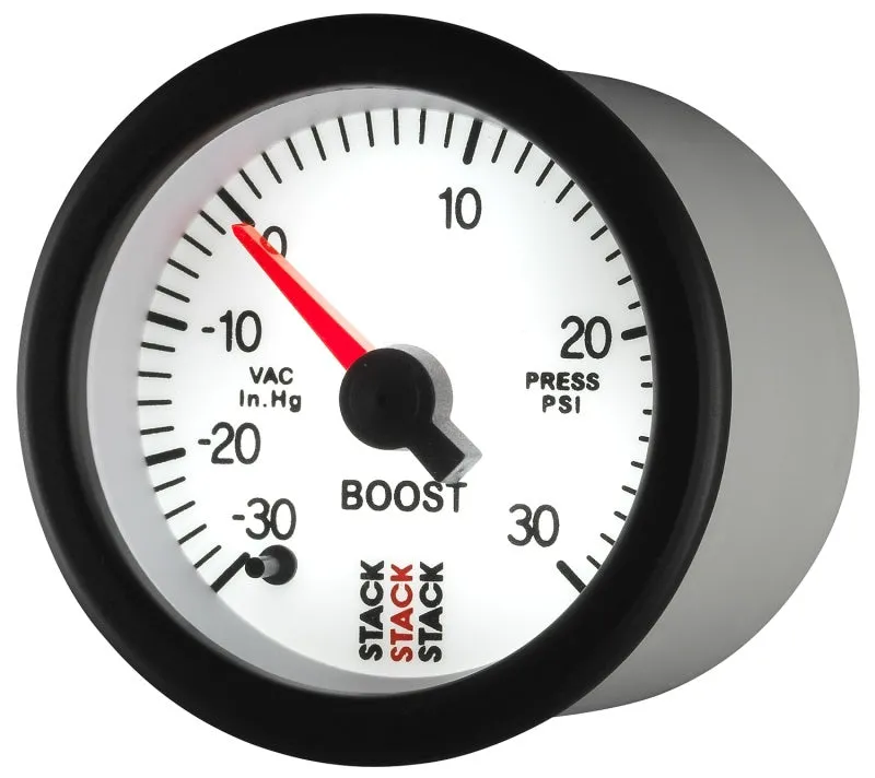 Autometer Stack 52mm -30INHG to  30 PSI (Incl T-Fitting) Pro Stepper Motor Boost Press Gauge - White