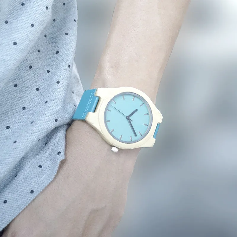 Bamboo Watch F20 Blue Causal Watch Soft Leather Bamboo Wooden Quartz Watches For Men Women Best Gifts With Gift Box