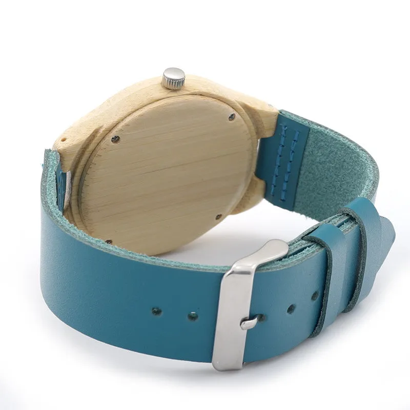 Bamboo Watch F20 Blue Causal Watch Soft Leather Bamboo Wooden Quartz Watches For Men Women Best Gifts With Gift Box