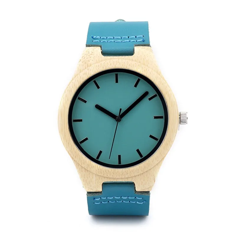 Bamboo Watch F20 Blue Causal Watch Soft Leather Bamboo Wooden Quartz Watches For Men Women Best Gifts With Gift Box