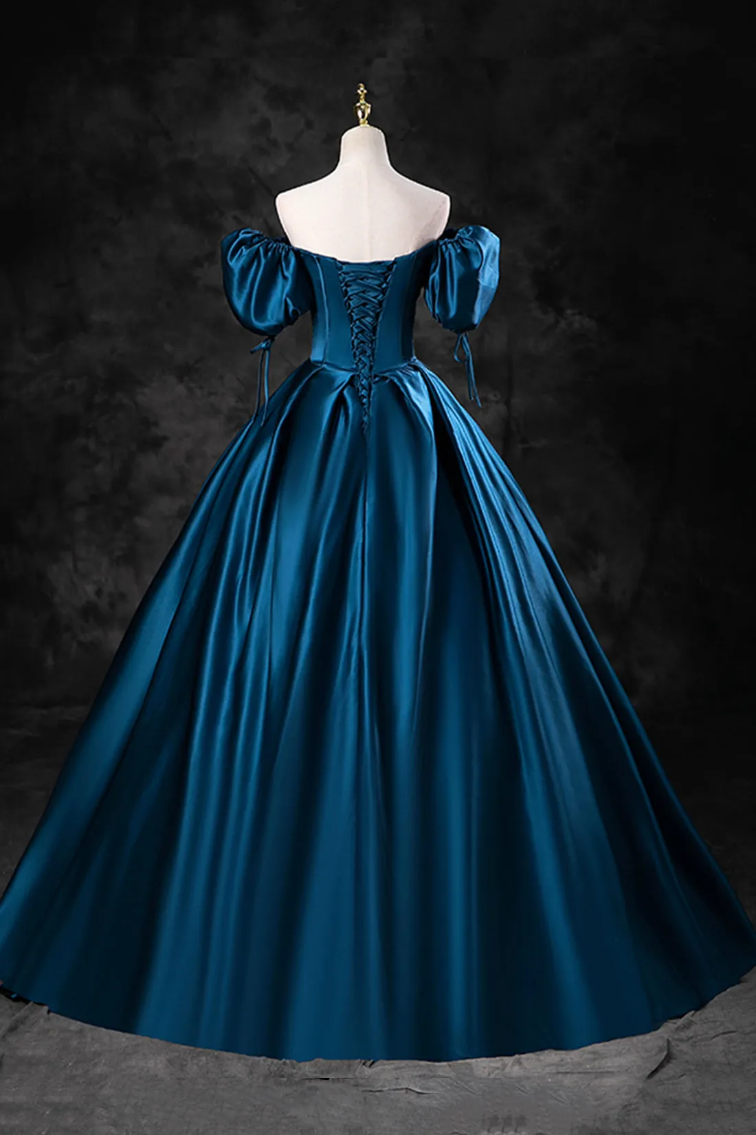 Blue Off the Shoulder Satin Floor Length Prom Dress with Corset, Blue Evening Party Dress