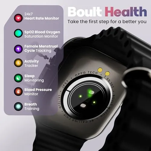 Boult Newly Launched Crown Pro Smart Watch 2.01'' AMOLED, BT Calling, Working Crown, AOD, Zinc Alloy Frame, 650 Nits Brightness, AI Voice Assistant, SpO2 Monitoring, 120  Sports Mode (Phantom Black)