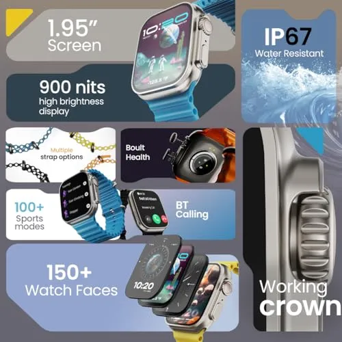 Boult Newly Launched Crown Smart Watch 1.95'' Display, Bluetooth Calling, Working Crown, Zinc Alloy Frame, 900 Nits Brightness, AI Voice Assistant, SpO2 Monitoring, 100  Sports Mode (Blue)