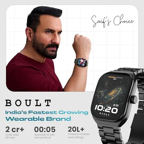 Boult Newly Launched Trail Smart Watch 2.01'' 3D Curved HD Display, Bluetooth Calling, Working Crown, 190 Watchfaces, 500 Nits Brightness, AI Voice Assistant, SpO2 Monitoring, 120  Sports Mode (Metal Black)