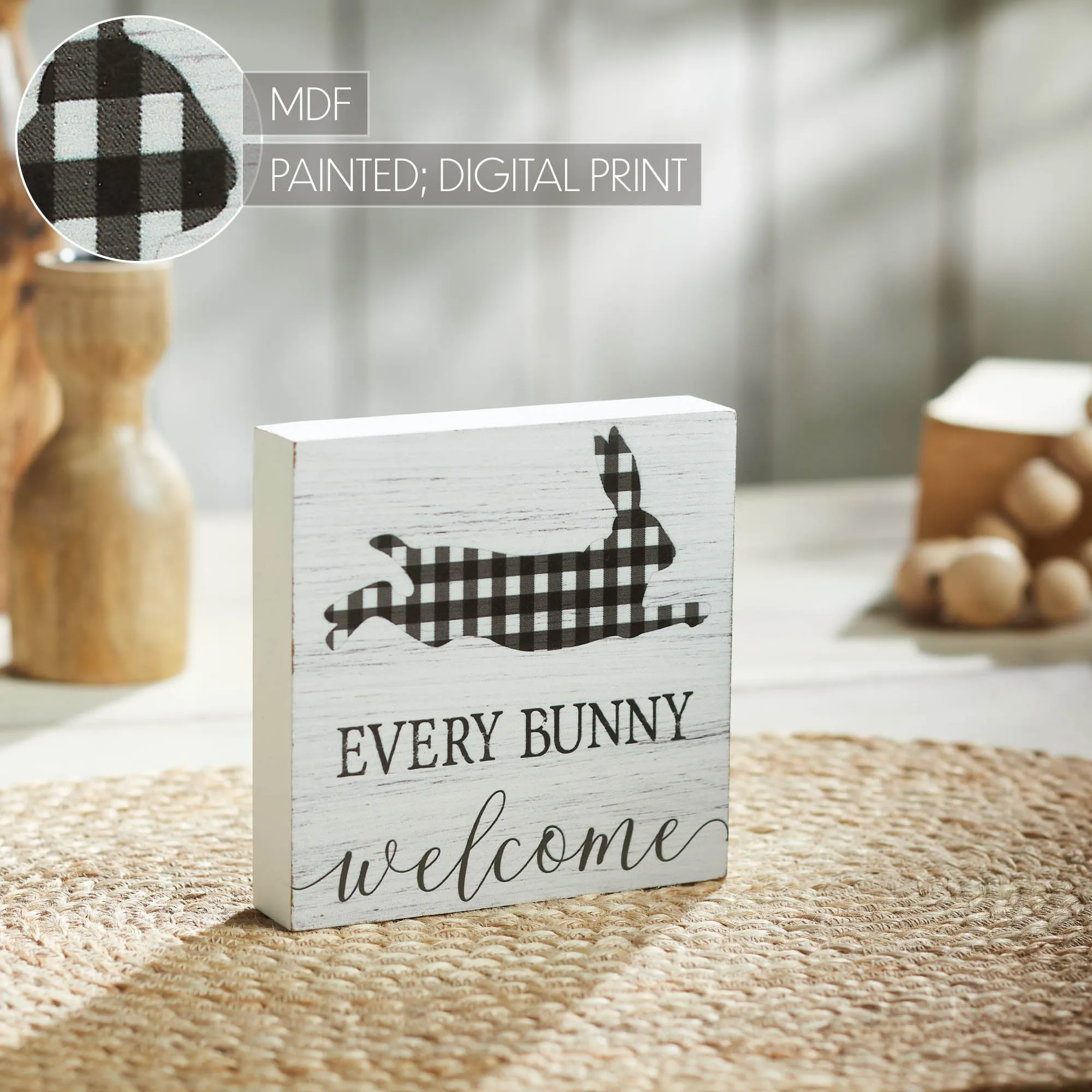 Bunny Hop Every Bunny Welcome Buffalo Check MDF Block Sign 5x5x1