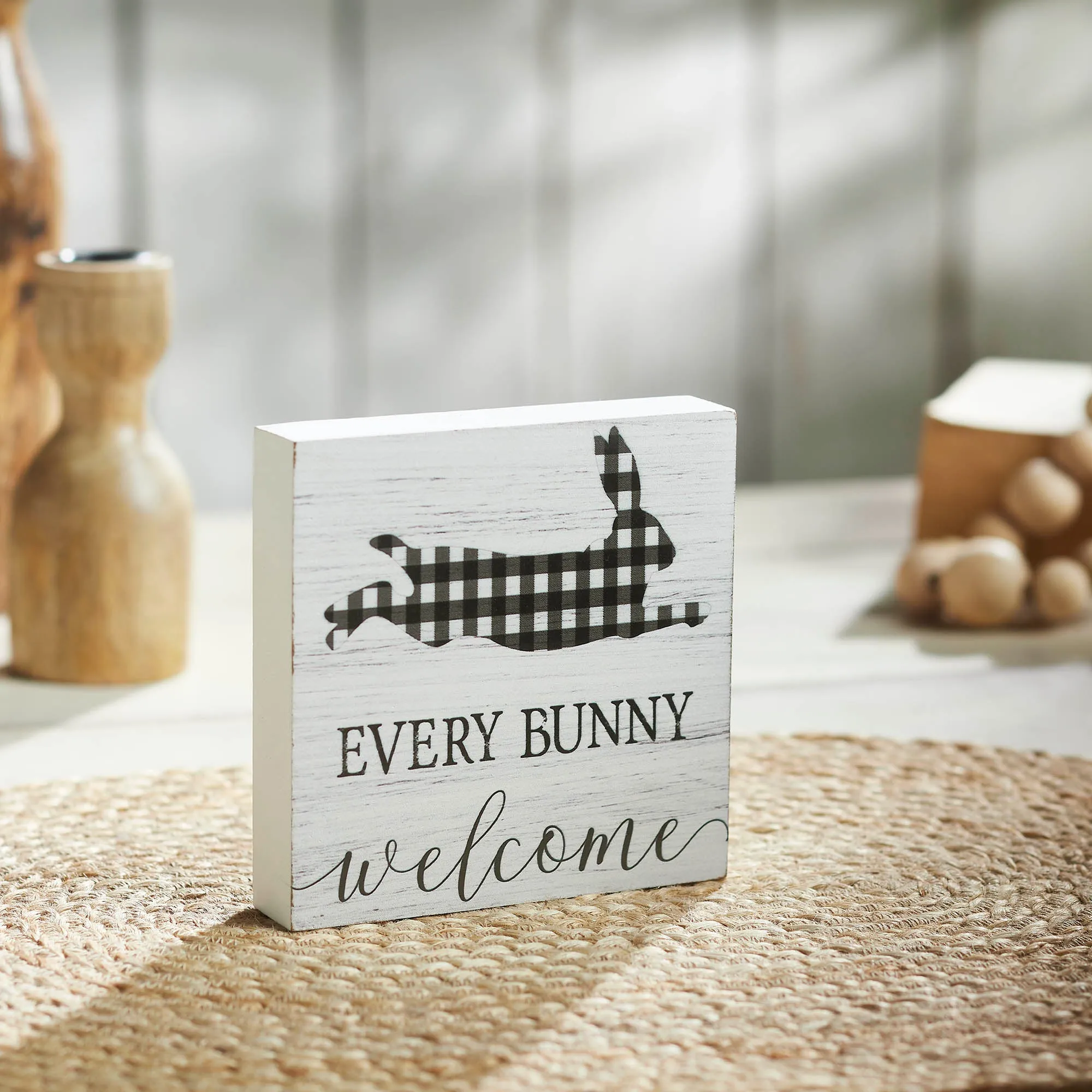 Bunny Hop Every Bunny Welcome Buffalo Check MDF Block Sign 5x5x1