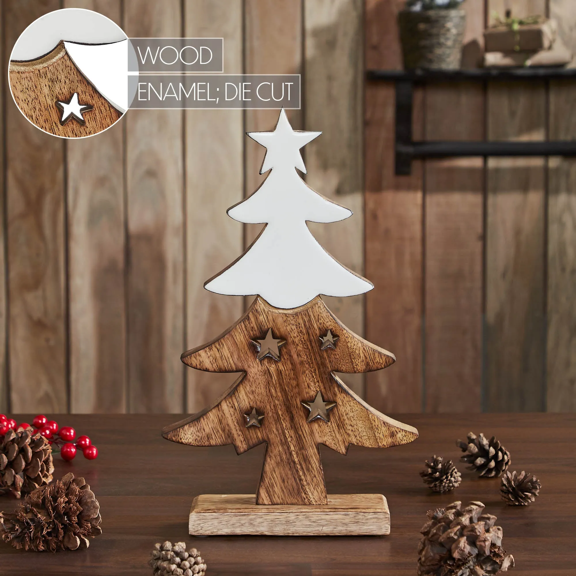 Christmas Tree Two Toned White Natural Wooden Figurine 13.75x8.25x2