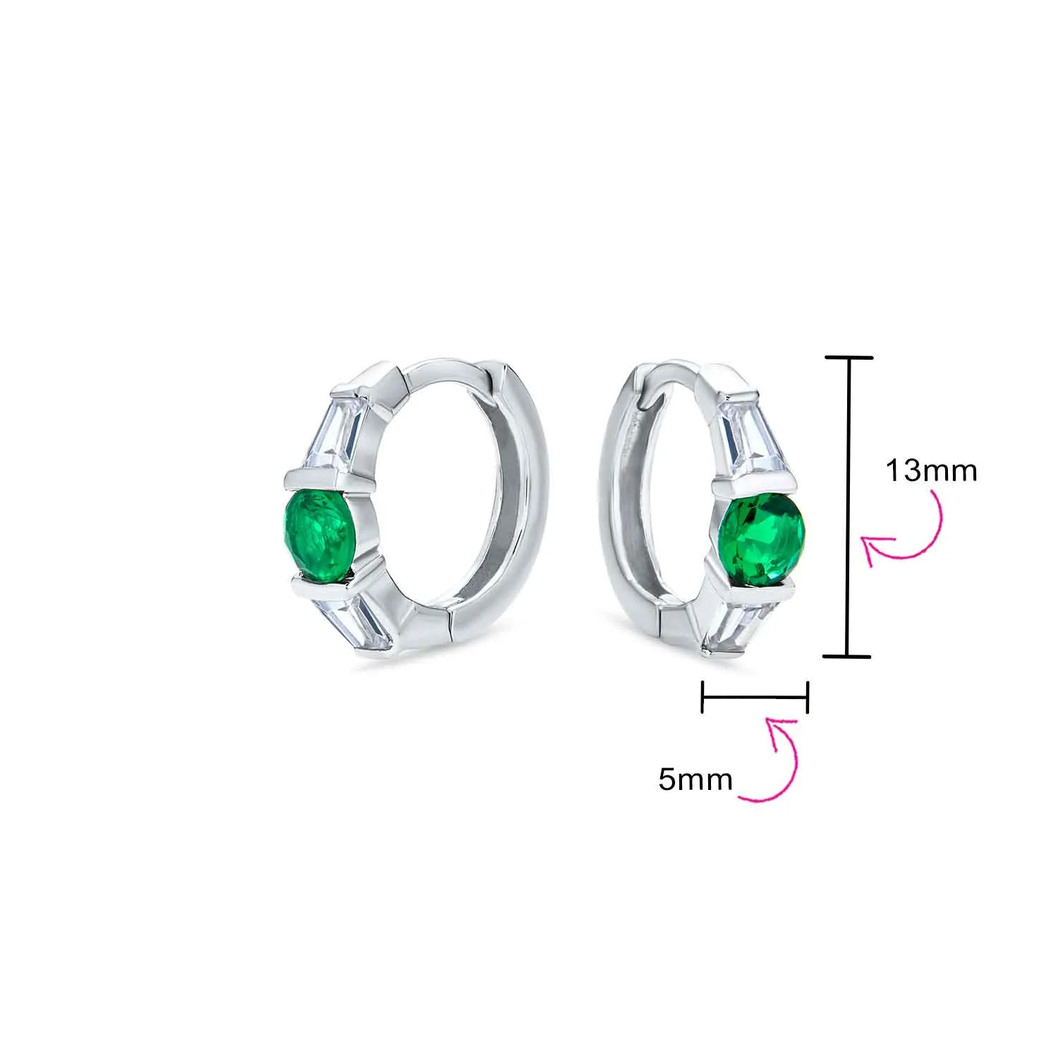 Classic Dainty Green White CZ Hoop Earrings with Baguette Solitaire Sterling Silver