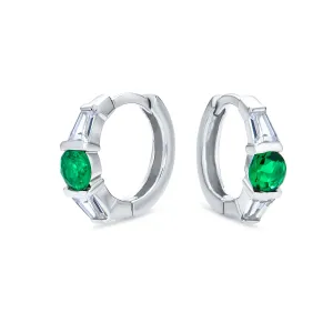 Classic Dainty Green White CZ Hoop Earrings with Baguette Solitaire Sterling Silver