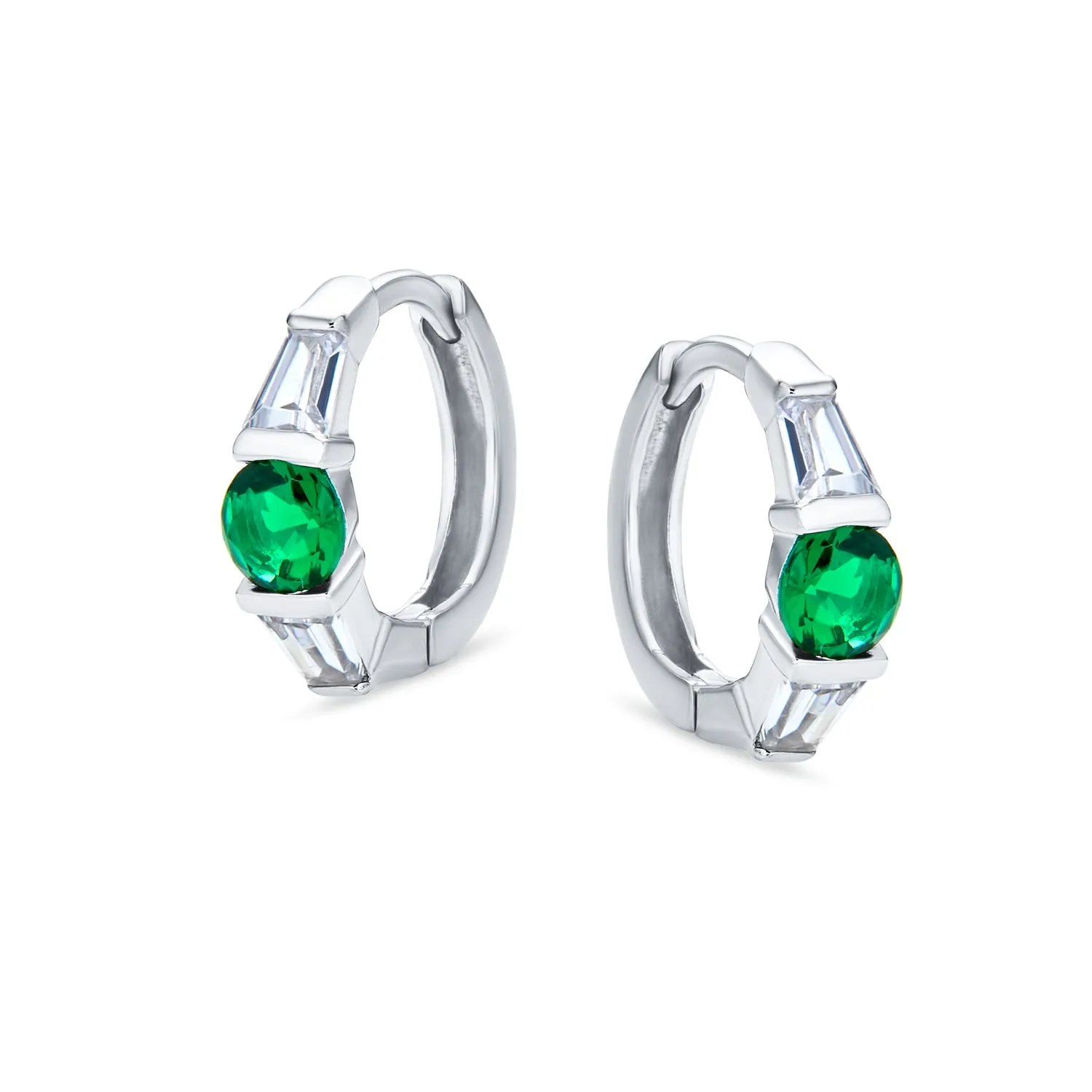 Classic Dainty Green White CZ Hoop Earrings with Baguette Solitaire Sterling Silver