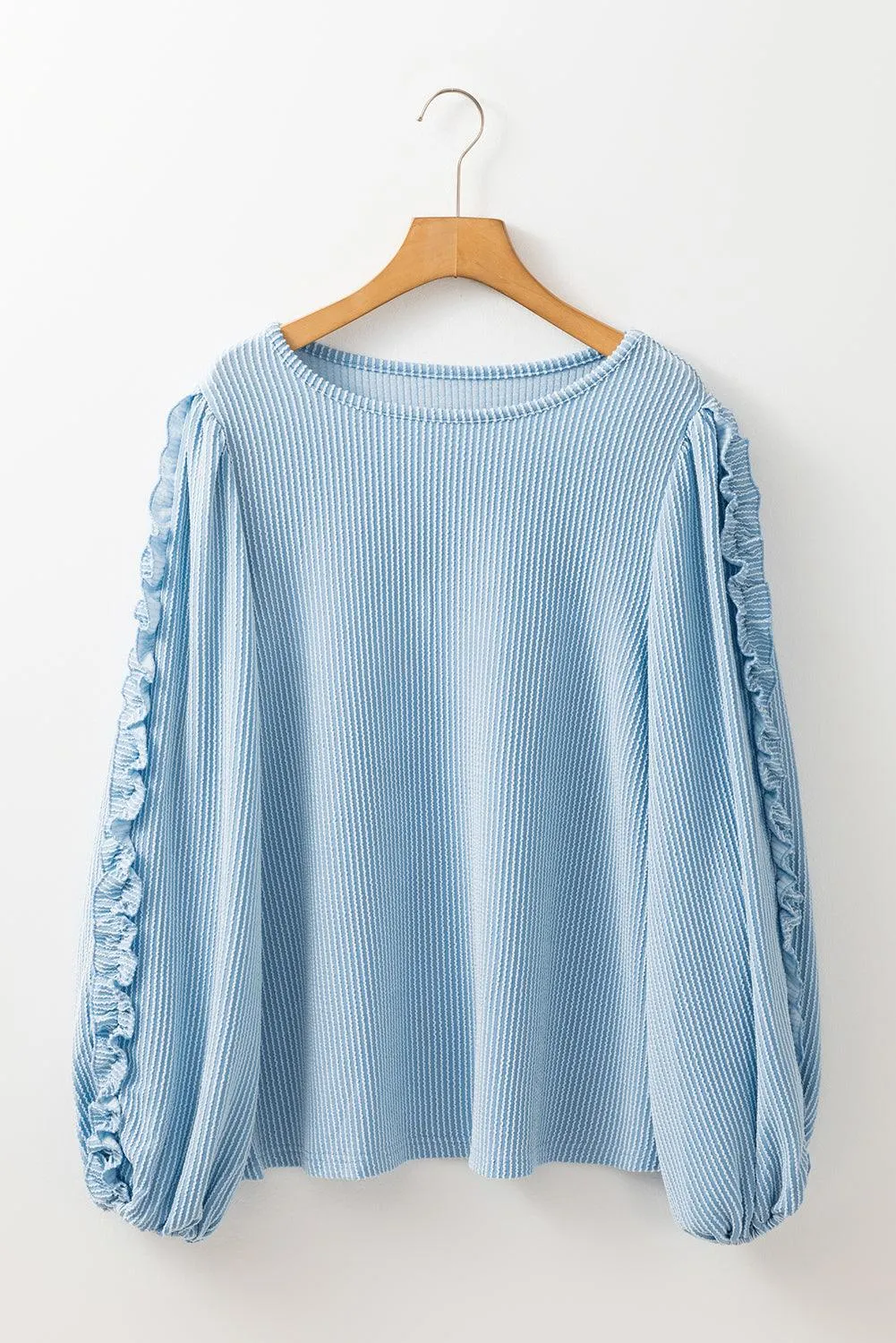 Corduroy Baby Blue Frilly Puff Sleeve Sweater