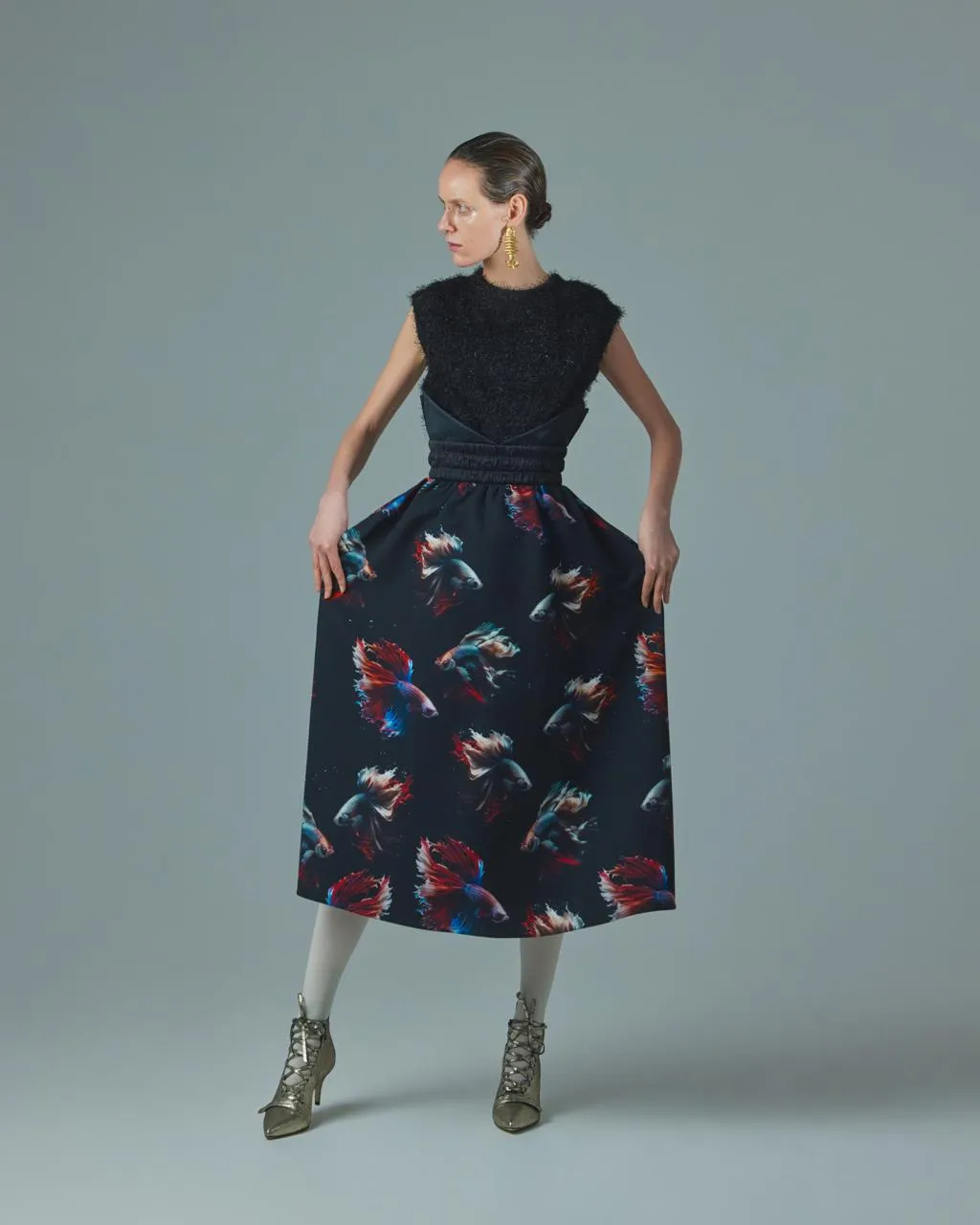 Corseted Print Flare Skirt Black