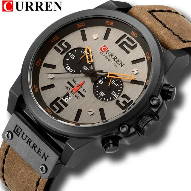 CURREN Mens Watches Top Luxury Brand Waterproof Sport Wrist Watch Chronograph Quartz Military Genuine Leather Relogio Masculino