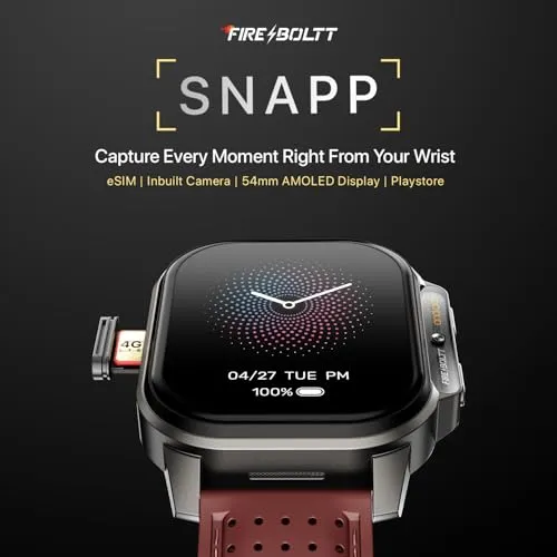 Fire-Boltt Snapp Smart Watch, Selfie Camera, 4G Nano-SIM Slot, 54.1mm AMOLED Display, Play Store- Unlimited apps, 1000mAh Battery, 2GB/4GB RAM   16GB/64GB ROM (Marlet Maroon)