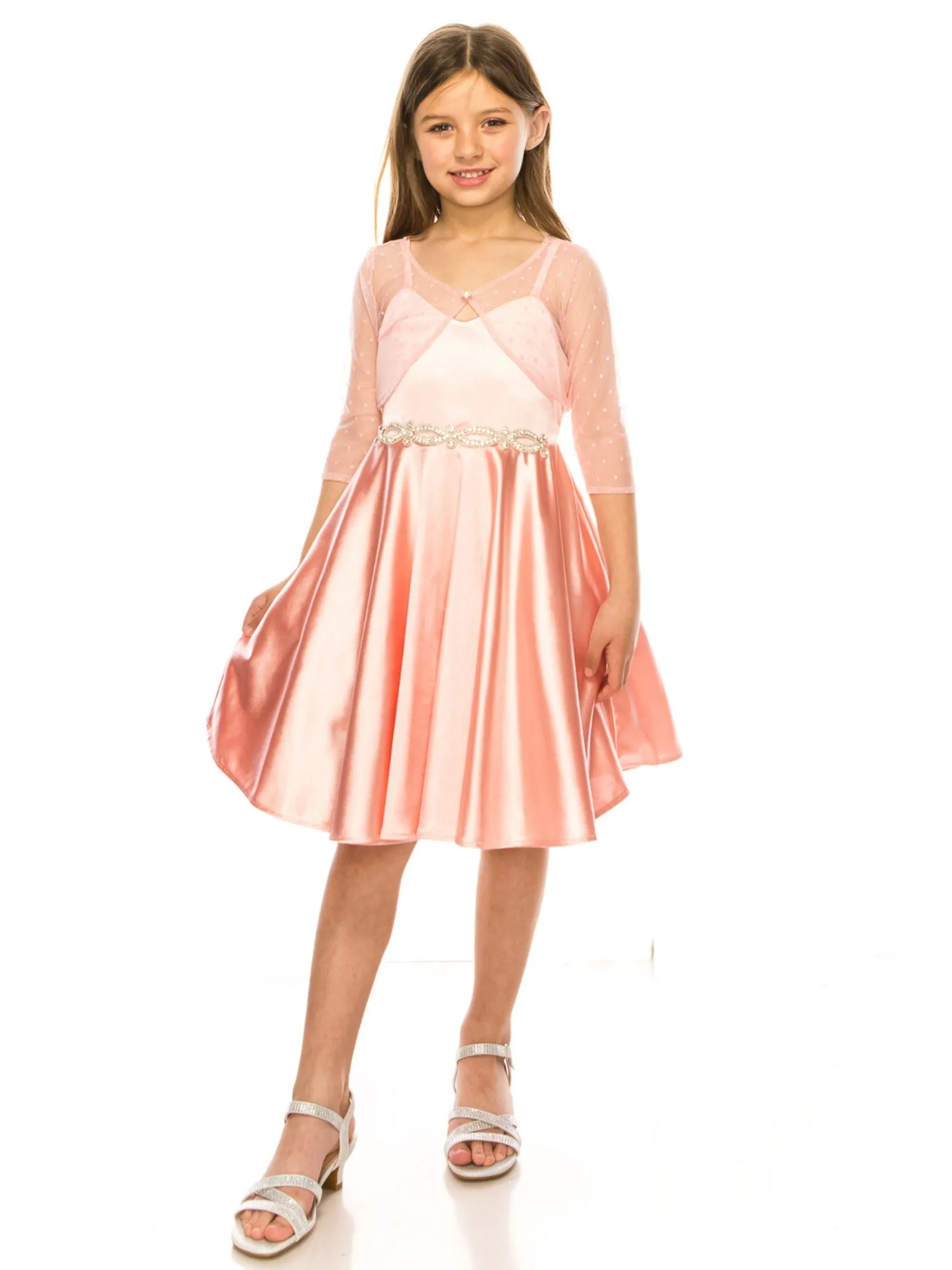 Girls Satin Dress with Rhinestone Belt and Sheer Embroidered Bolero, Sizes 4-14