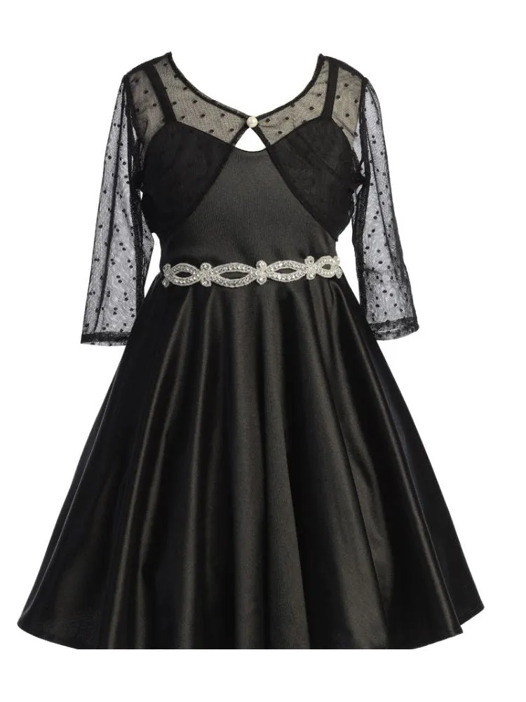 Girls Satin Dress with Rhinestone Belt and Sheer Embroidered Bolero, Sizes 4-14