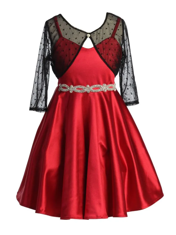 Girls Satin Dress with Rhinestone Belt and Sheer Embroidered Bolero, Sizes 4-14