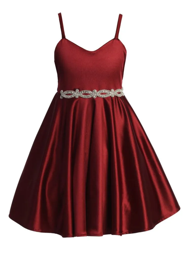 Girls Satin Dress with Rhinestone Belt and Sheer Embroidered Bolero, Sizes 4-14