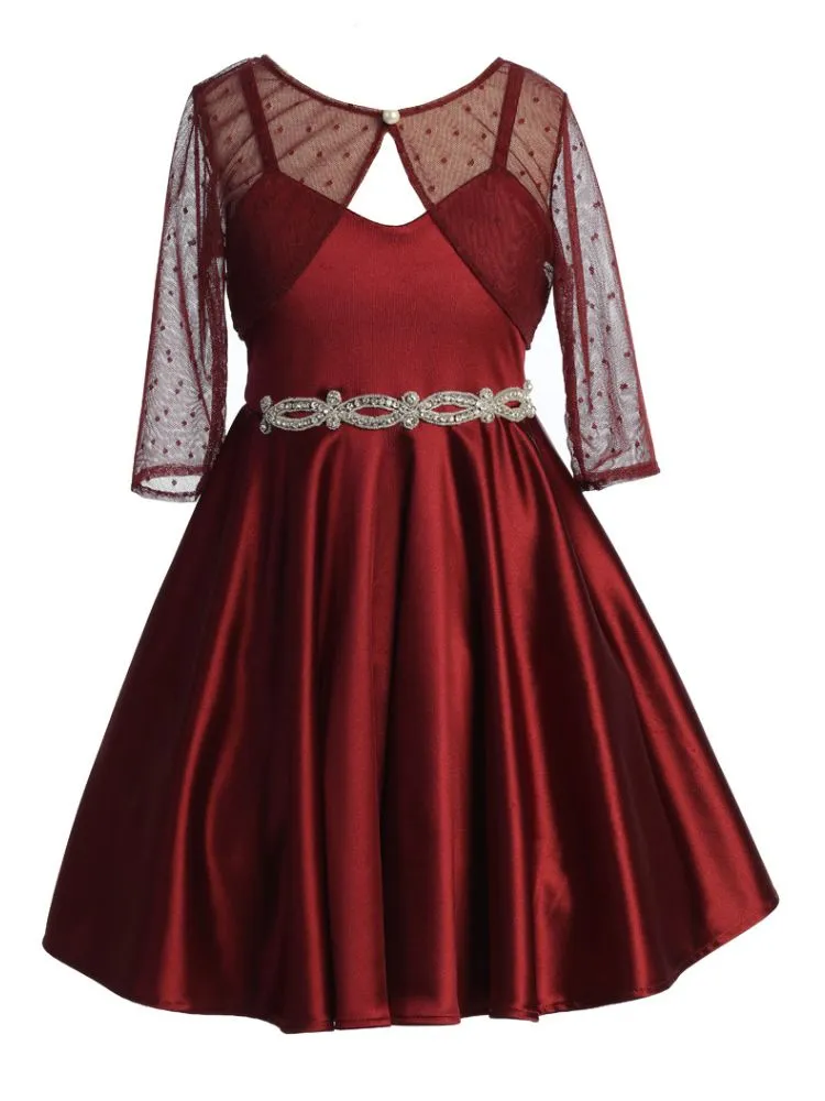 Girls Satin Dress with Rhinestone Belt and Sheer Embroidered Bolero, Sizes 4-14