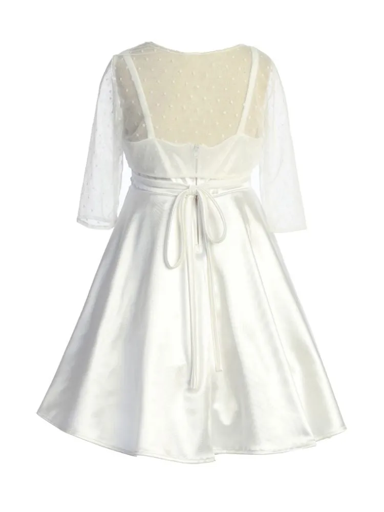 Girls Satin Dress with Rhinestone Belt and Sheer Embroidered Bolero, Sizes 4-14