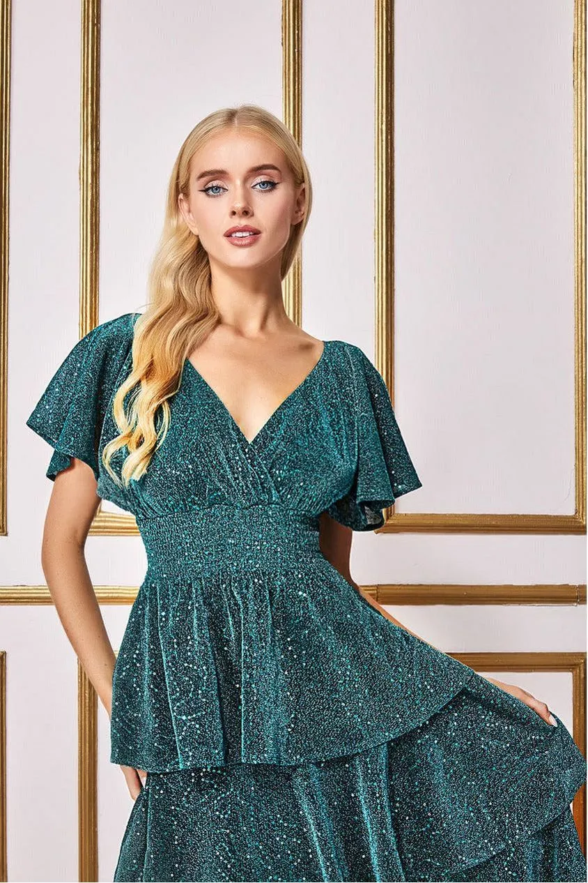 Goddiva Sequin Lurex Tiered Maxi Dress - Teal Blue