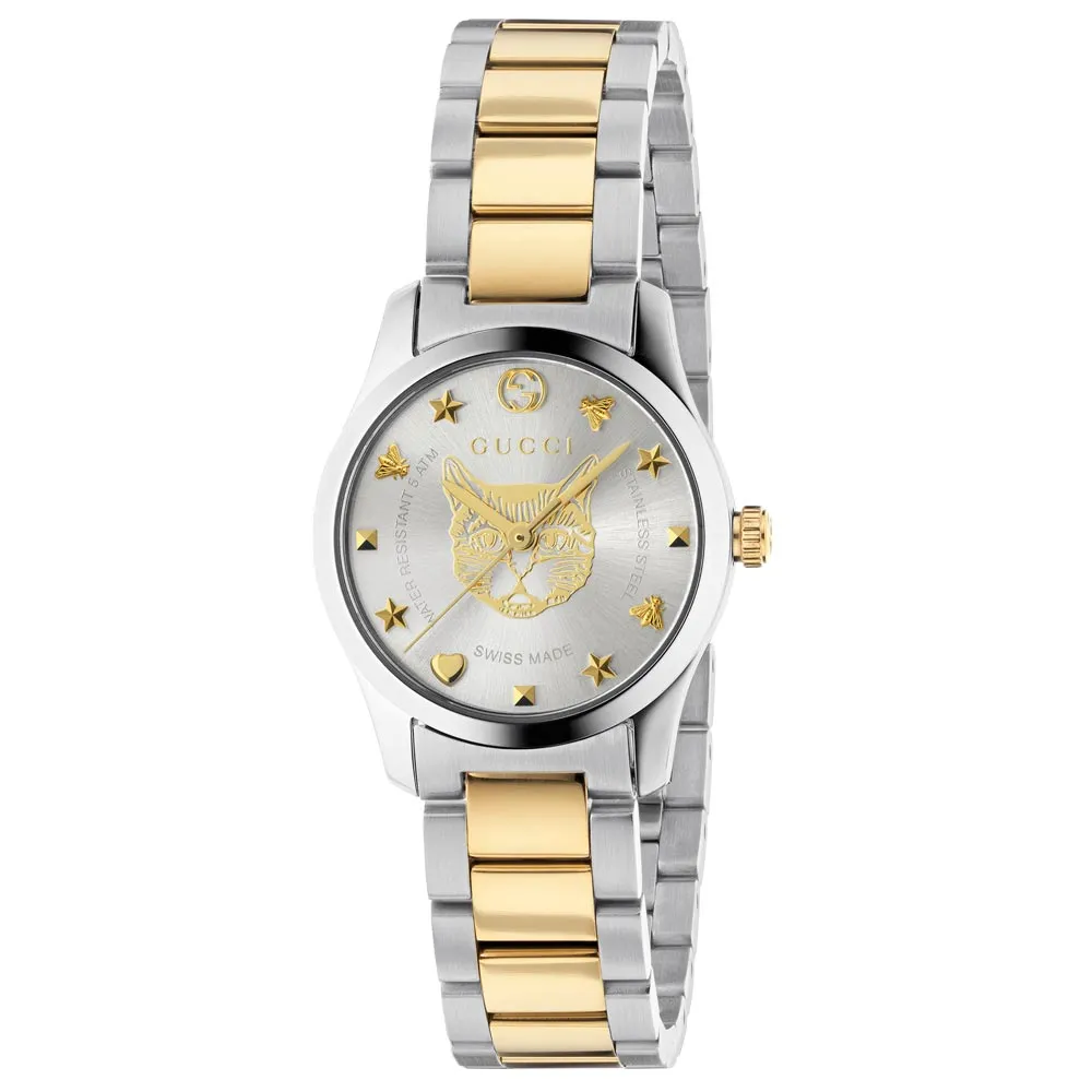 Gucci Ladies G-Timeless 27mm Silver & Gold Feline Head Dial Steel & Gold PVD Watch YA126596