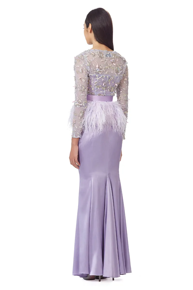 Hand Embellished Mesh Top With Ostrich Feathers Peplum in Lilac