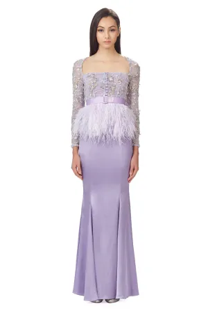 Hand Embellished Mesh Top With Ostrich Feathers Peplum in Lilac