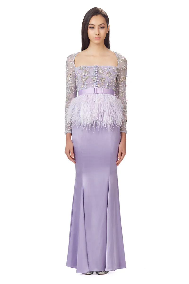 Hand Embellished Mesh Top With Ostrich Feathers Peplum in Lilac