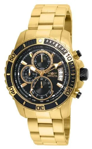 Invicta 22414 Men's Pro Diver Chronograph Black Dial Yellow Gold Steel Bracelet Watch