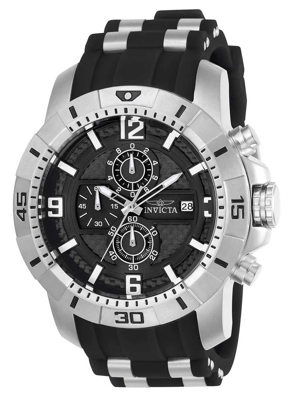 Invicta 24962 Men's Pro Diver Chrono Black Carbon Fiber Dial Steel & Black Silicone Strap Watch