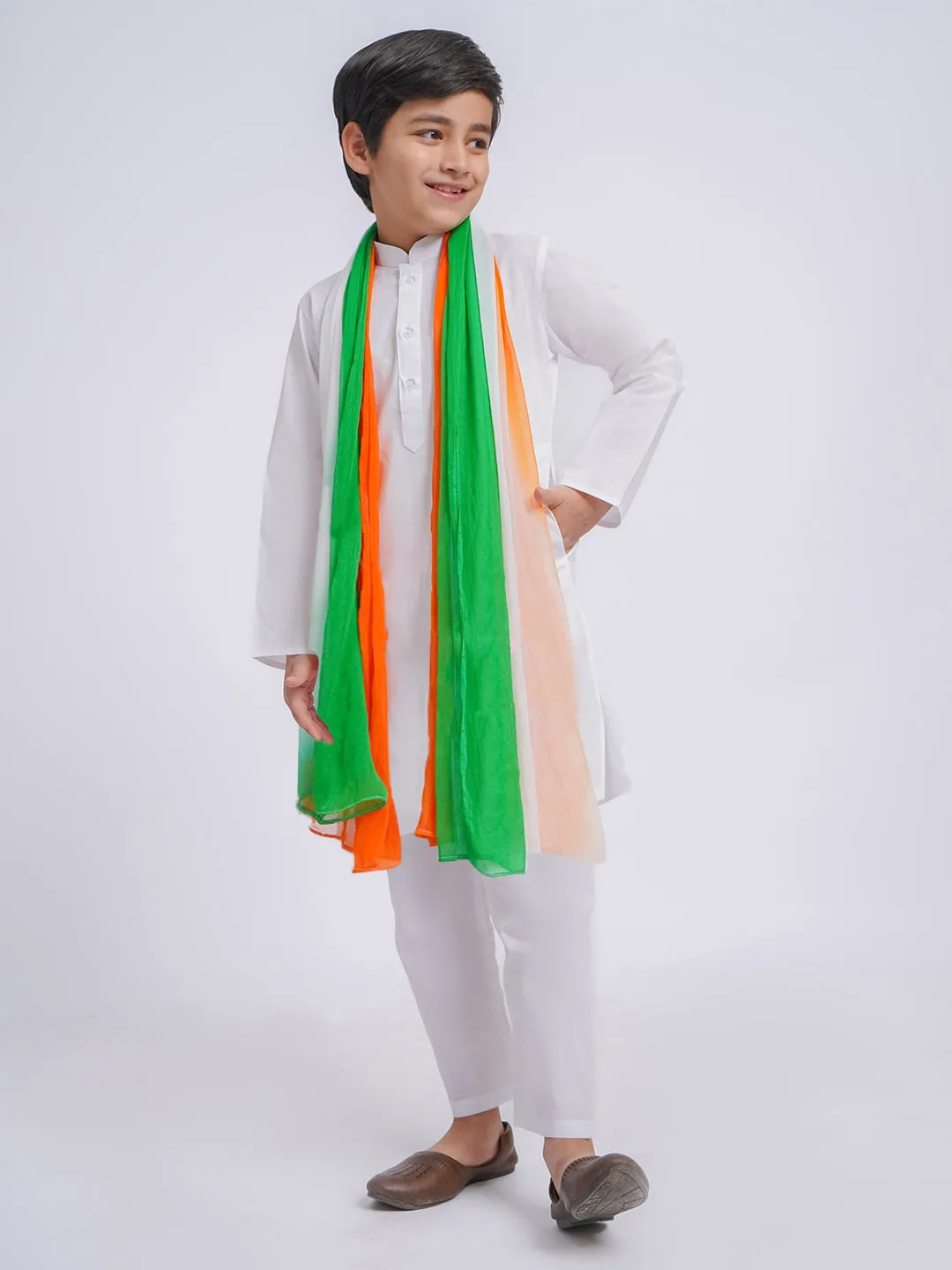 JBN Creation Boys' White Pure Cotton Kurta, Pyjama & Dupatta Set