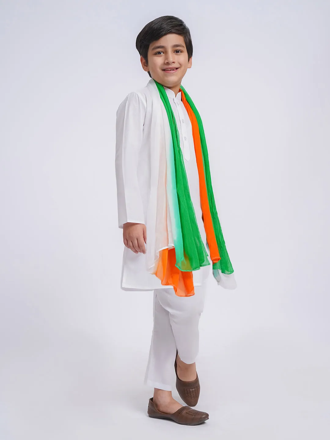 JBN Creation Boys' White Pure Cotton Kurta, Pyjama & Dupatta Set