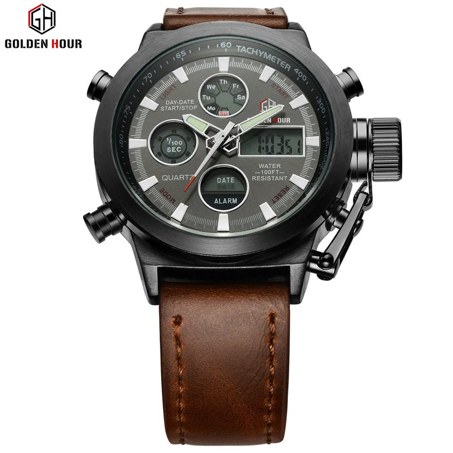 Luxury Men Swimming Digital LED Quartz Outdoor Sports Watches Military Clock With Leather Strap