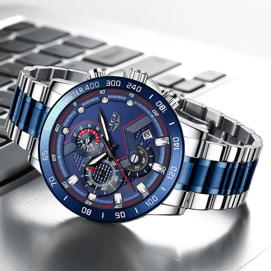 Men's chronological blue and silver wristwatch