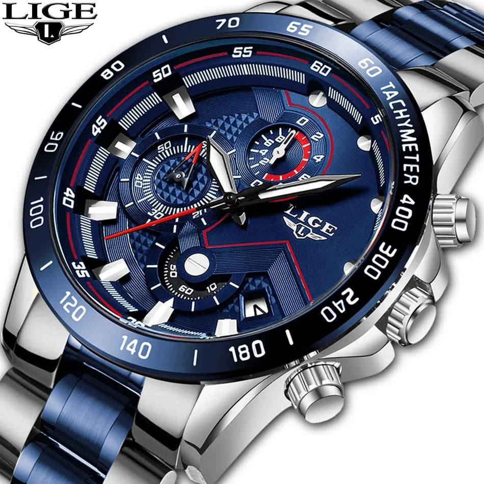 Men's chronological blue and silver wristwatch