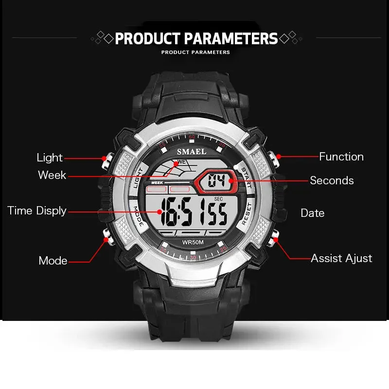 Mens Led Watches SMAEL Digital Clock Alarm Waterproof Led Sport Male Clock Wristwatches 1620 Top Brand Luxury Sports Watches Men