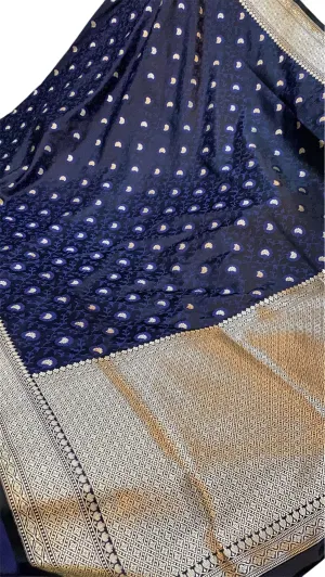 Navy Blue Pure Katan Silk Banarasi Saree: Jaal Work Tanchui Weave Elegance