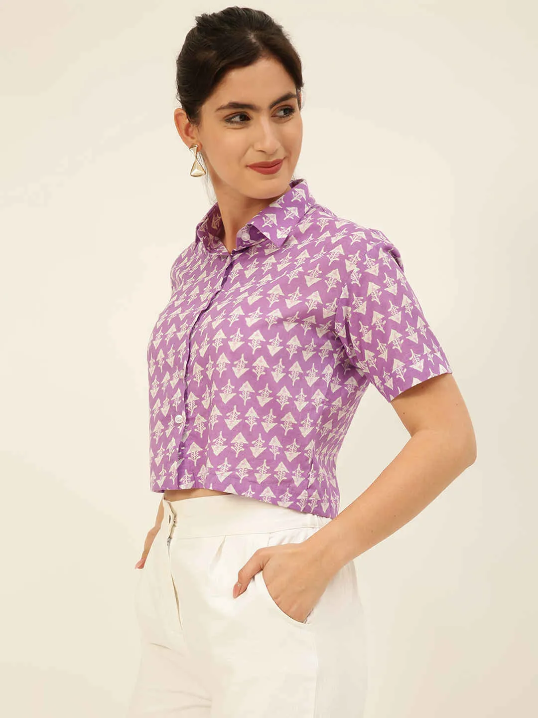 Premium Lavender Motifs HandBlock Printed Cotton Crop Shirt