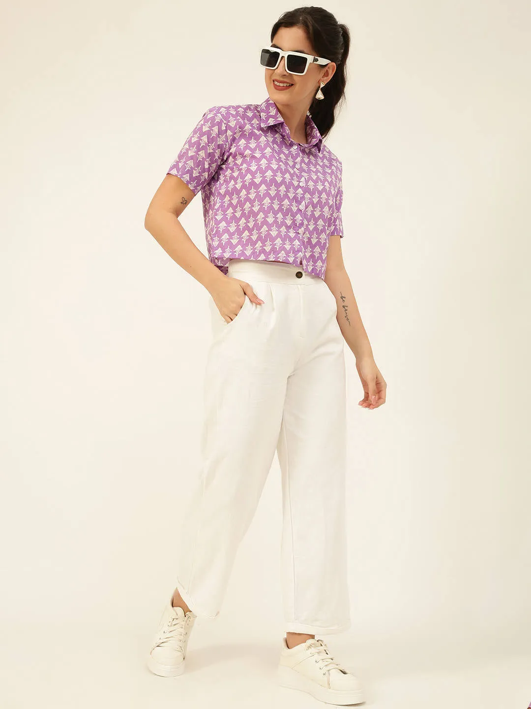 Premium Lavender Motifs HandBlock Printed Cotton Crop Shirt