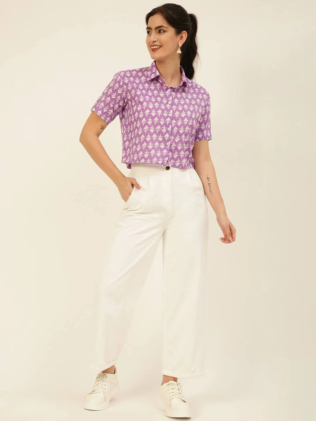 Premium Lavender Motifs HandBlock Printed Cotton Crop Shirt