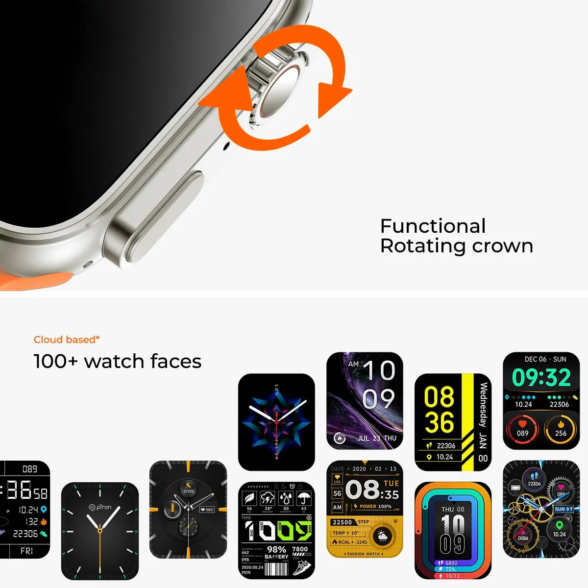 pTron Newly Launched Reflect Pro Smartwatch, Bluetooth Calling, 1.85" Full Touch Display, 600 NITS, Digital Crown, Metal Frame, 100  Watch Faces, HR, SpO2, Voice Assist, 5 Days Battery Life (Gold)