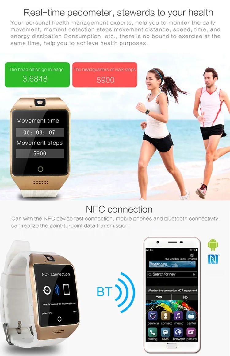 Q18S 1.54 inch IPS Screen MTK6260A Bluetooth 3.0 Smart Watch Phone, Pedometer / Sedentary Reminder / Sleeping Monitor  / Anti-Loss / Remote Camera / GSM / 0.3M Camera (White   Gold)